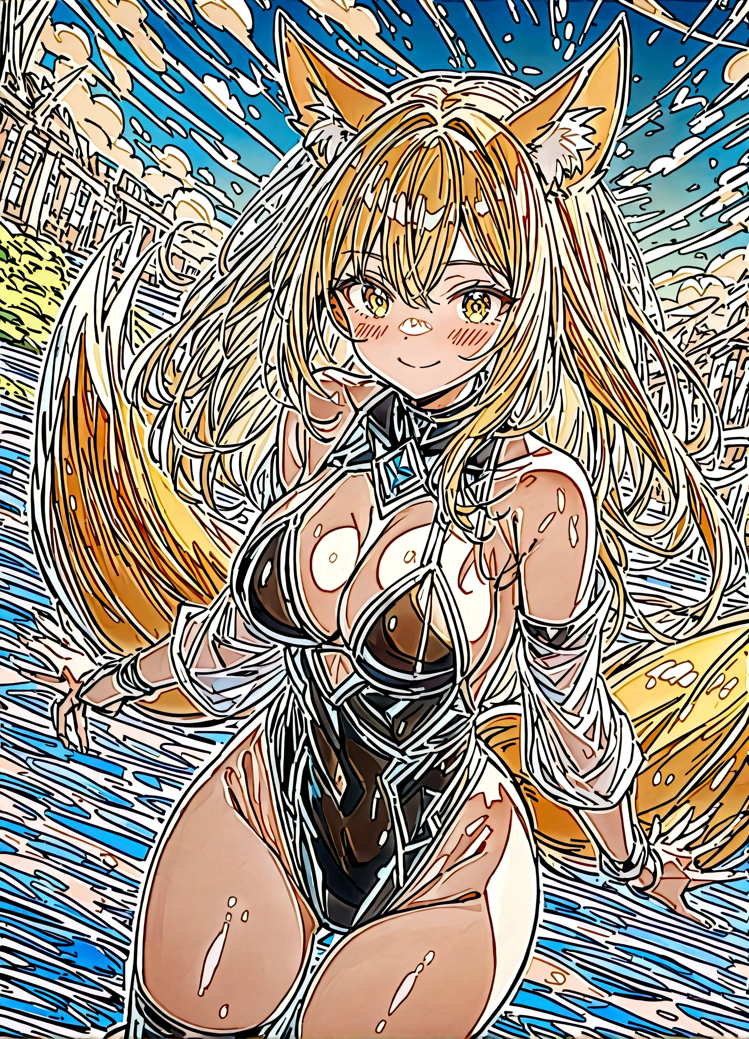 nsfw,(space action style), (Muted Tone), Delicate, Detail, Masterpiece,(colorful)illustration,(colorful)light particles, lens flare,
women with fox-ears and fox-tail,smile,
a battle for space and existence, battle,city,wood,rabbit,
sideboob,shoulders,cleavage,sideless,thighs,
Cowboy shot, close-up,from above,
dynamic angle, dynamic pose,
Artistic, memorable masterpieces, moments in history,(fantastical and mesmerizing scenery)
Watercolor:1.6, Delicate, Detail, (river-cats:1.3),warm-cats,
(masterpiece:1.2),(best quality:1.2),newest,intricate details,
fox ears, ear hair