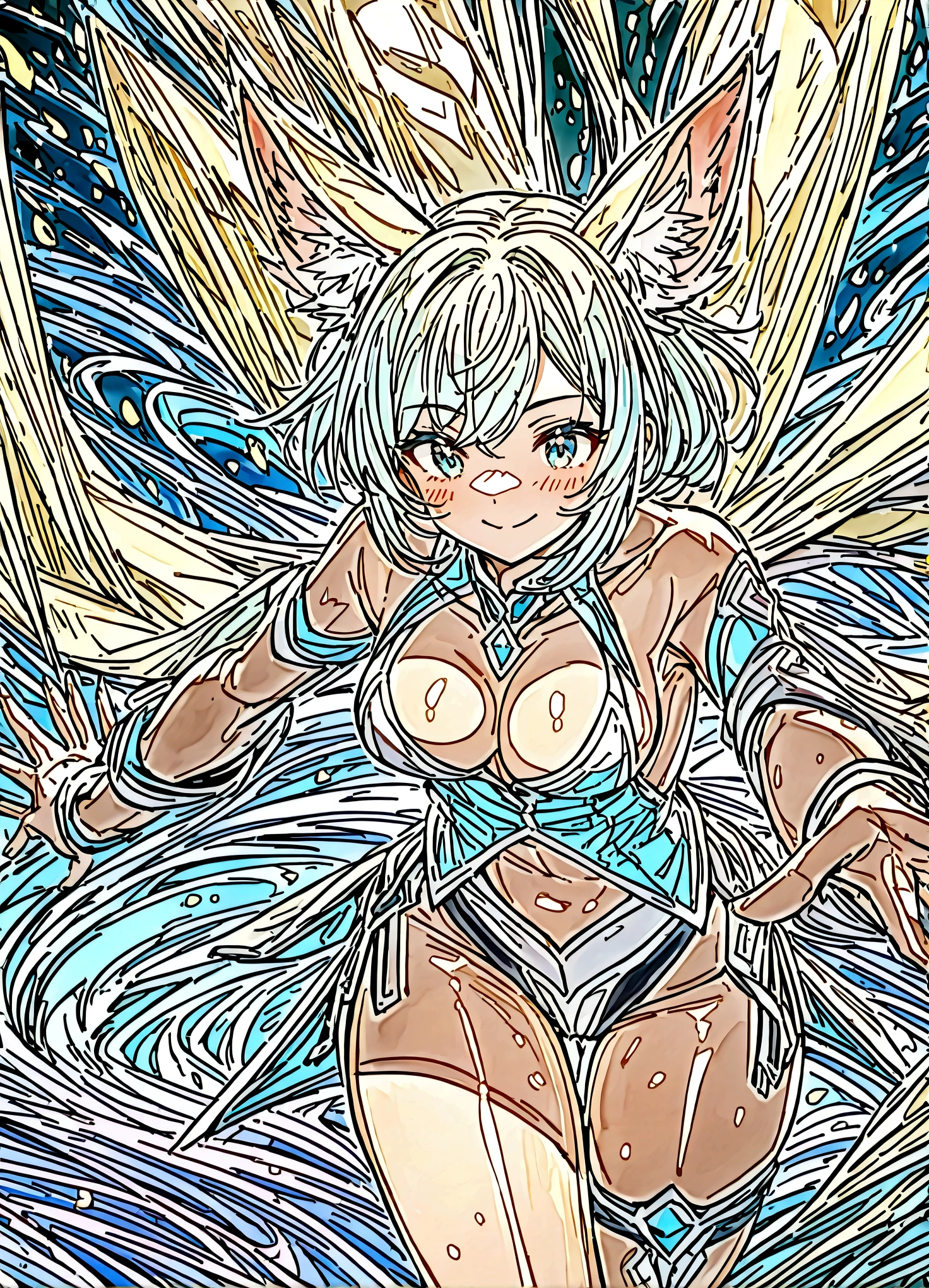 nsfw,(space action style), (Muted Tone), Delicate, Detail, Masterpiece,(colorful)illustration,(colorful)light particles, lens flare, 
women with fox-ears and fox-tail,smile,
 a battle for space and existence, battle,city,wood,rabbit,
sideboob,shoulders,cleavage,sideless,thighs,
Cowboy shot, close-up,from above, 
dynamic angle, dynamic pose, 
Artistic, memorable masterpieces, moments in history,(fantastical and mesmerizing scenery)
Watercolor:1.6, Delicate, Detail, (river-cats:1.3),warm-cats,
(masterpiece:1.2),(best quality:1.2),newest,intricate details, 
fox ears, ear hair