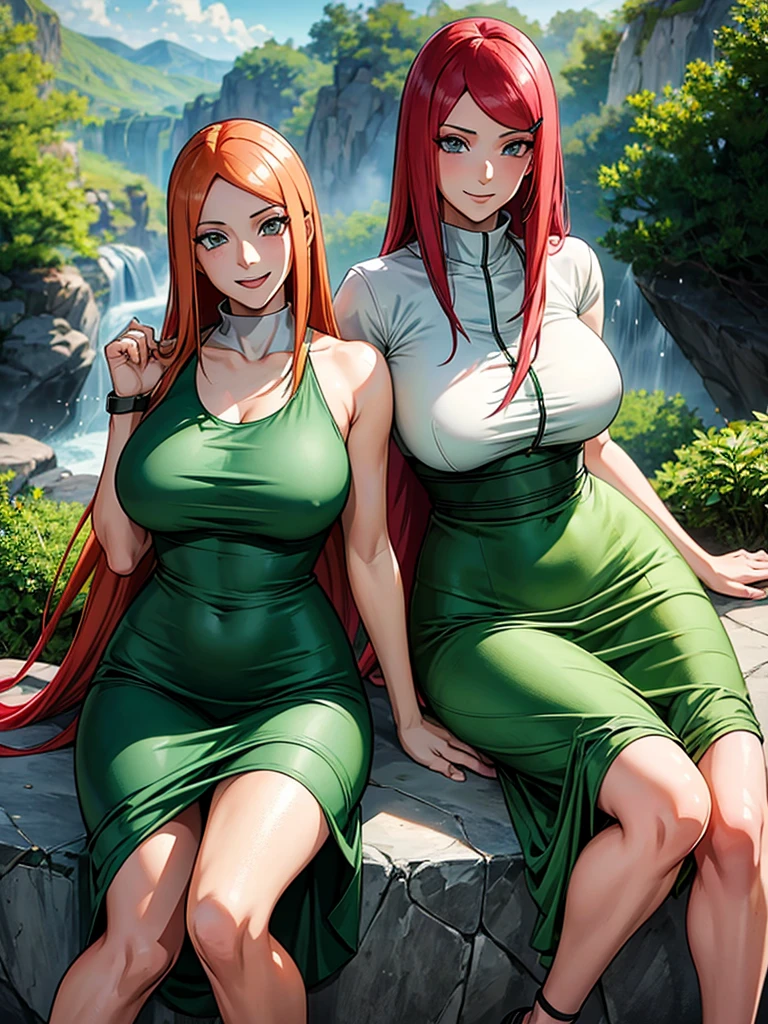 uzumaki_kushina,massive large_breasts, large thighs,large_ass, sitting, solo, kushina_green_dress,shirt up,tight dress, short skirts, masterpiece, best quality, detailed face, detailed eyes, highres, smile, (masterpiece:1.4, best quality:1.2), (Highres), (Detailed Illustration), Ultra-Detailed, konohagakure, uzumaki_kushina, kushina_green_dress, sitting straight, spread leg,looking in front, smiling playfully with a mischievous glint in the eyes