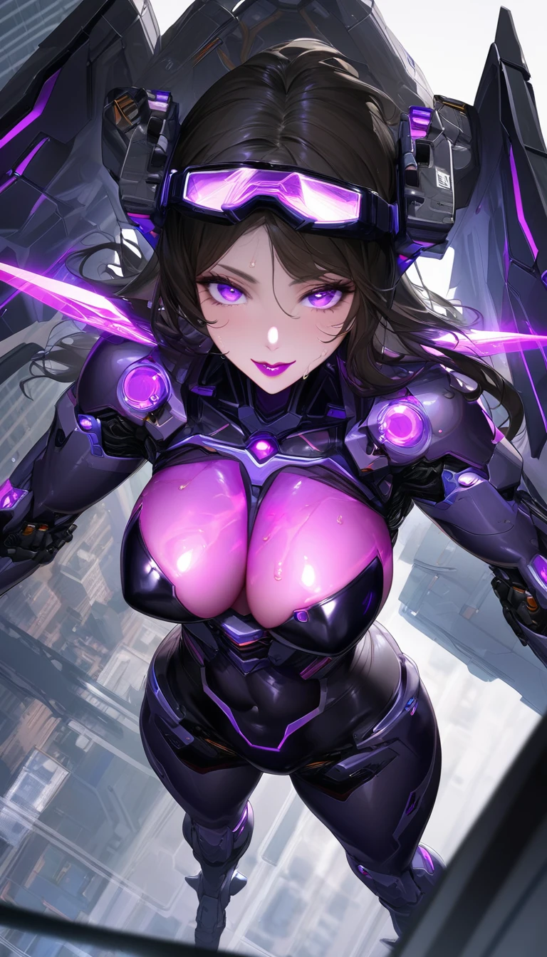 1 mature and seductive woman,(Detailed Description,Incredibly absurd,High resolution,8k wallpaper,masterpiece,Highest quality,Depth of region,Anatomically accurate depiction,A face with attention to detail, Eye for detail,Perfect body,Two lovely hands, Five perfect fingers),(Glowing Skin,Shiny skin,Oilskin),((Sexy female soldier)),(Futuristic body suit,Futuristic exoskeleton,Mechanical Wings,Mechanical thrusters,Cyber Goggles),eyelash,(Intensely glowing purple eyes,Large chest,Bewitching Smile,Glossy lipstick,The temptation to depravity,Sweat),(whole body),My hair is blowing in the wind,A strong wind is blowing,(background:The city seen from the air),(From above:1.3)