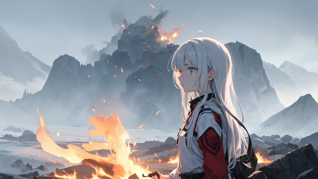 masterpiece:1.2), best quality , 独奏 ,pixiv, anime girl ，long straight white hair , black eyes ,Wearing off-white camouflage uniform ,ten years old，modern battlefield，(Eyes looking into the distance:1.3)，(look away:1.5)，snowy weather，dirty face，The background is a sea of fire with blood on the forehead，dirty face，Backlight，Bare rocky peaks ,Fierce flames are burning，The expression is sad，bullets flying，leave tears