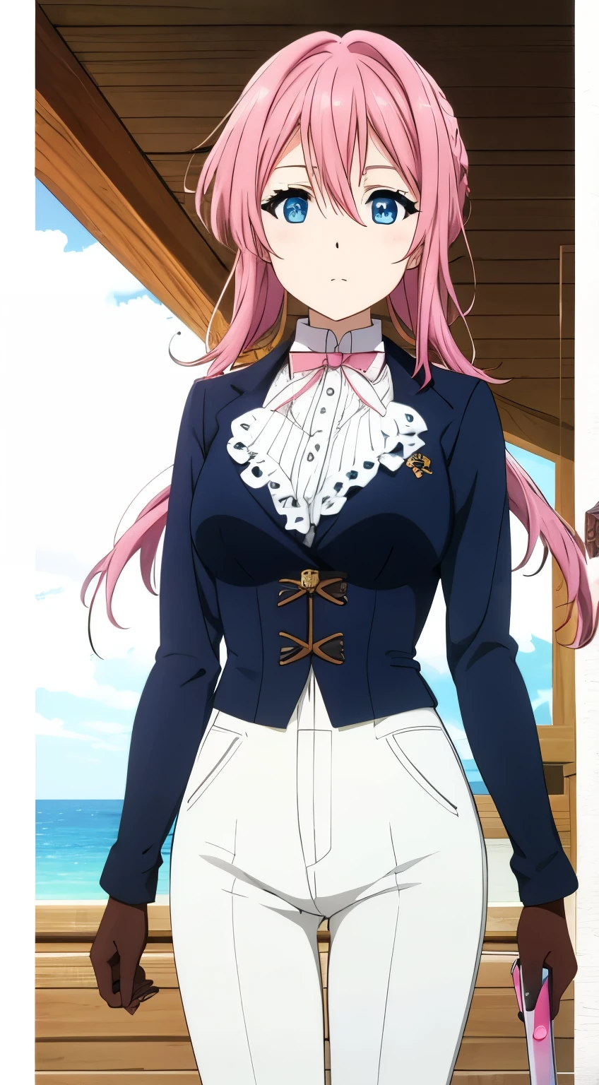 Tied pink hair, blue eyes, white pants, black corset, white long-sleeved blouse, sword at side, brown boots