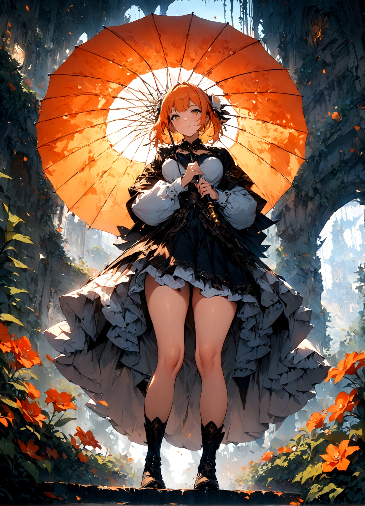 1 Girl, Holding an umbrella, Orange Hair_flower, skirt, bending_Exceed , View from below,(perfect_Face), Gorgeous, complex, 4K, detailed_background, Caustic lines, full_Body, digital_illustration, (masterpiece:1.4), (best quality:1.4), fantasy, extremely detailed, complex, hyper detailed, Soft lighting,