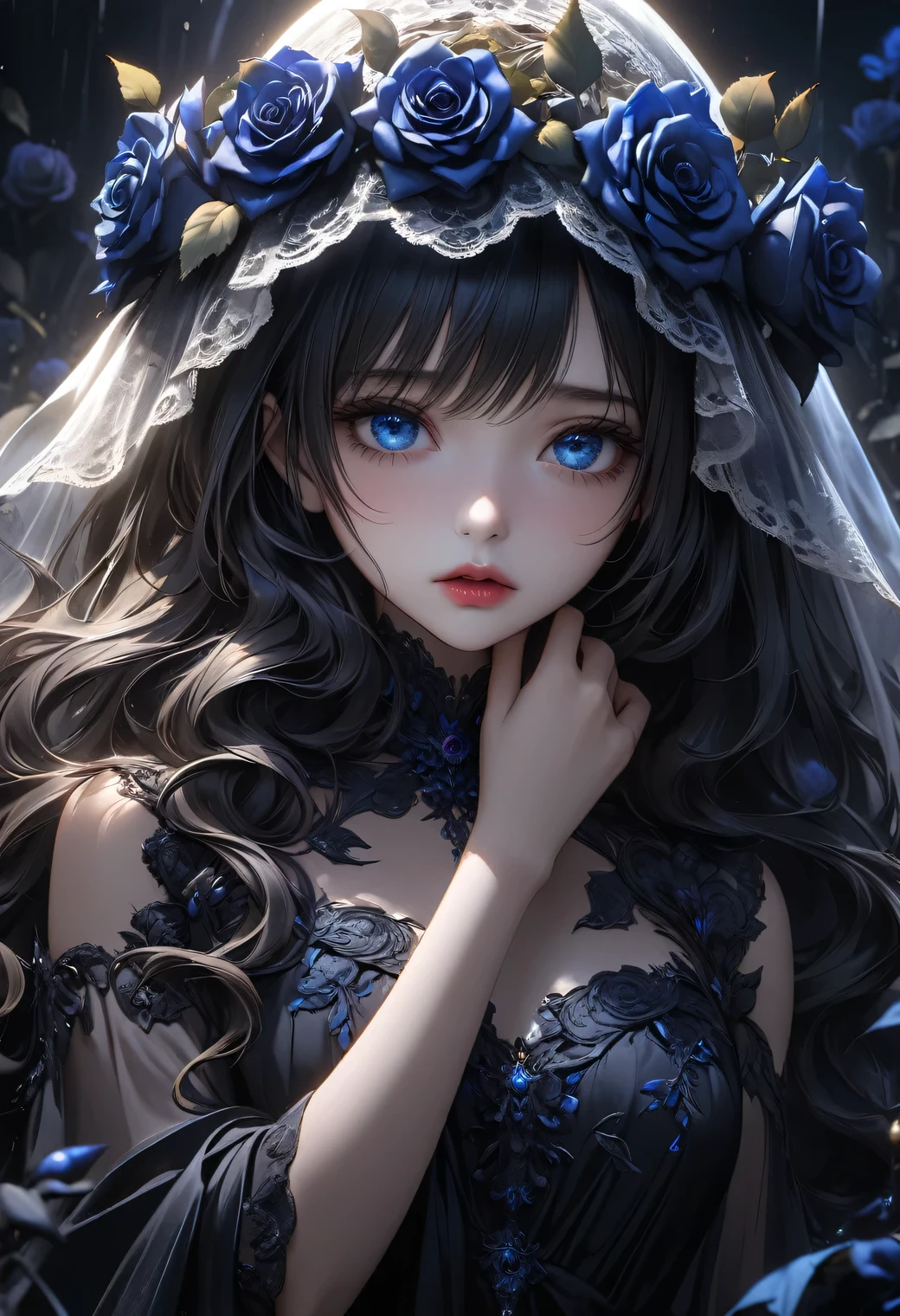full-body view, dramatic angle, beautiful detailed eyes, beautiful detailed lips, extremely detailed eyes and face, longeyelashes, beautiful and cute girl, a princess of the underworld, a gloomy expression, a downcast face, looking up, hand on mouth, white and black gradation hair, through bangs, flowing hair, a black race sheer veil adorned with blue-black roses, an exquisitely beautiful black dress adorned with deep indigo roses, a gloomy night field background, (highest quality,16k,highres,masterpiece:1.2),ultra-detailed,(ultra-realistic,photo-realistic:1.37),HDR,UHD,studio lighting,ultra-fine painting,sharp focus,physically-based rendering,extreme detail description,professional,vivid colors,dark tone,dramatic lighting,chiaroscuro,mysterious,melancholy,somber,surreal,fantasy