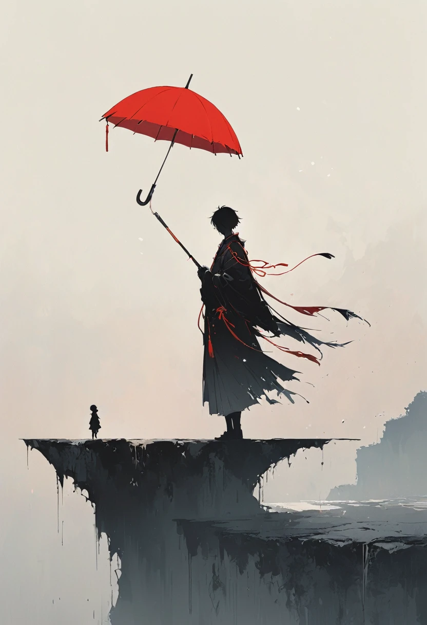 A simple one,Minimalist illustration, 1 red umbrella hanging in the air,Tassels on umbrellas,solitary figure,On the edge of a cliff,bridge