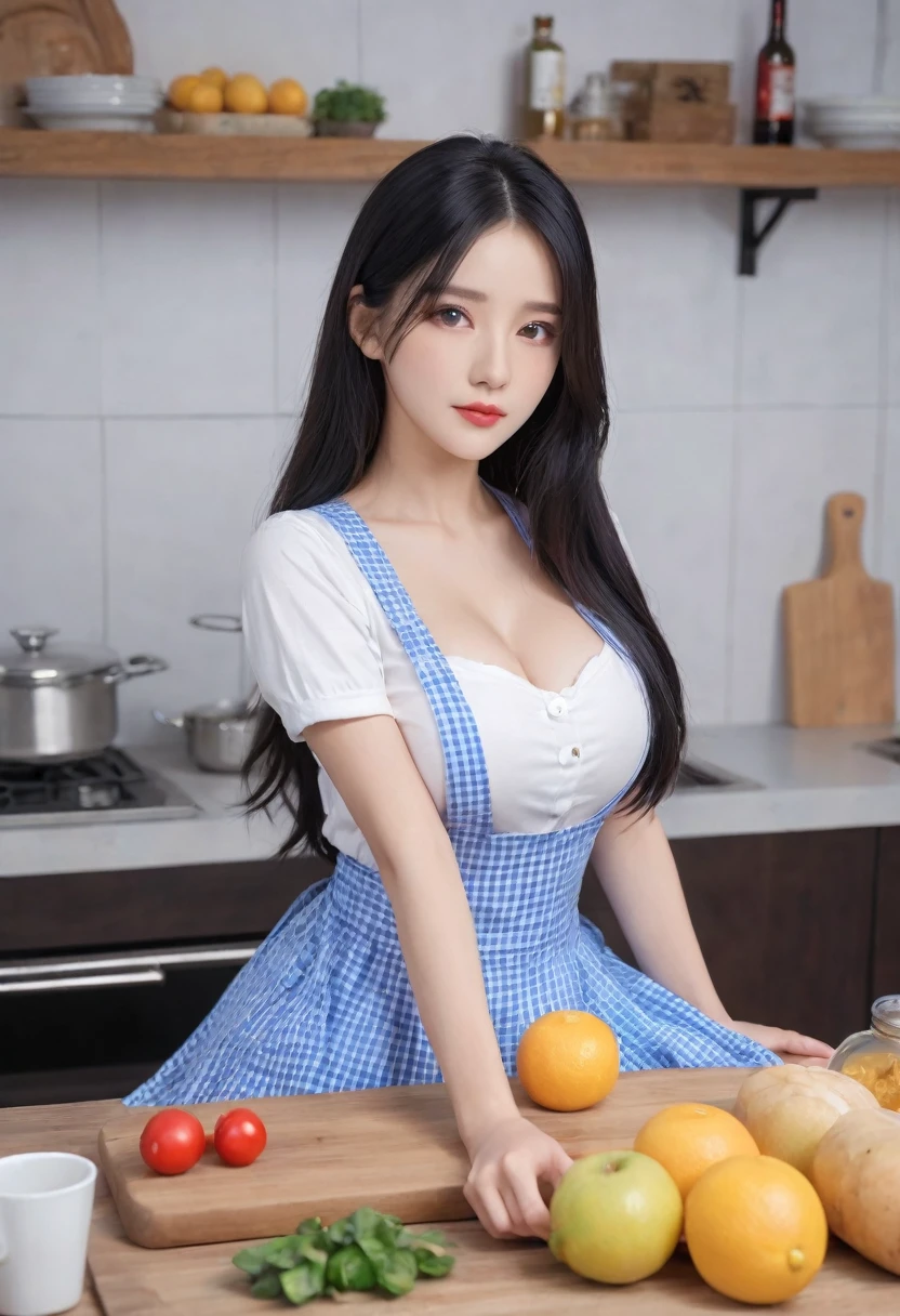 long black hair、 Extremely detailed 8K, Beautiful girl with slim body, (Ultra HD, Super detailed, Very detailed, Very realistic, Ultra-realistic, Photo Real), (One girl:1.5),Cleavage、White T-shirt、 Blue checked apron、White Skirt、