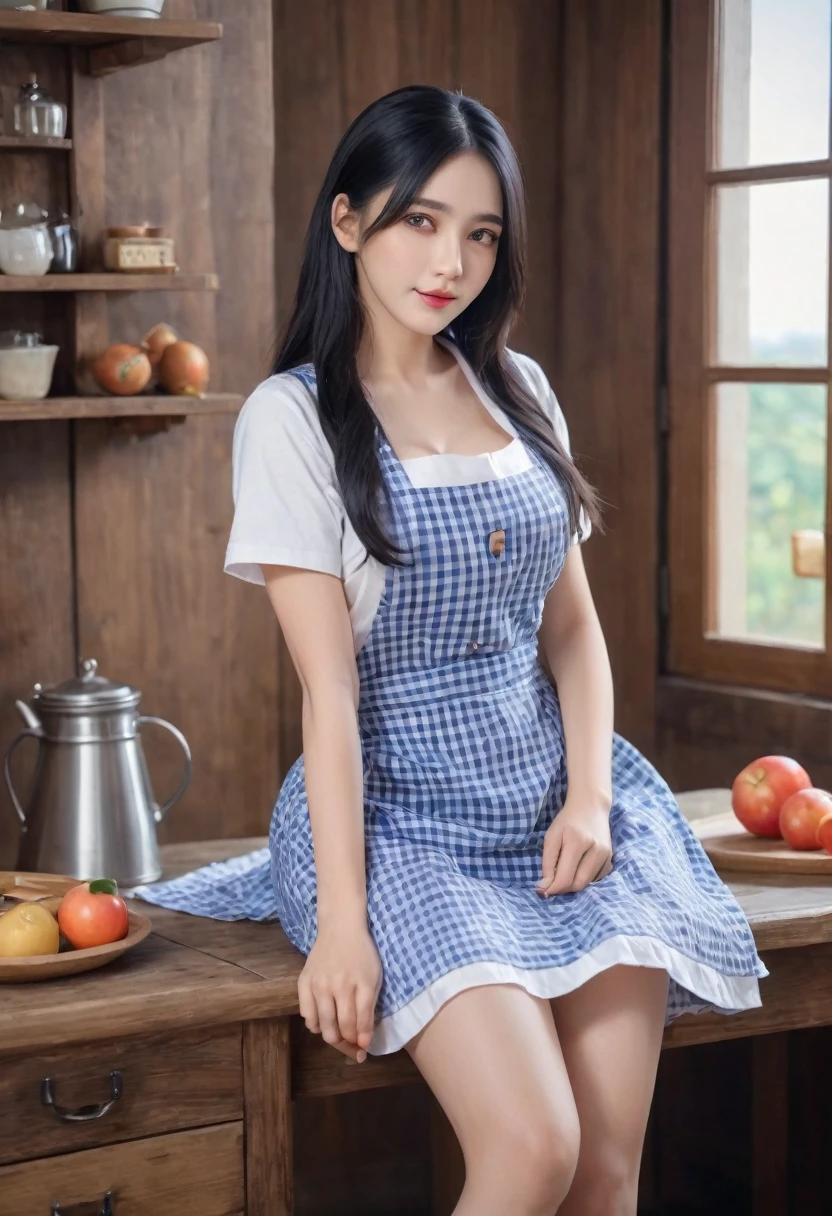 long black hair、 Extremely detailed 8K, Beautiful girl with slim body, (Ultra HD, Super detailed, Very detailed, Very realistic, Ultra-realistic, Photo Real), (One girl:1.5),Cleavage、White T-shirt、 Blue checked apron、White Skirt、
