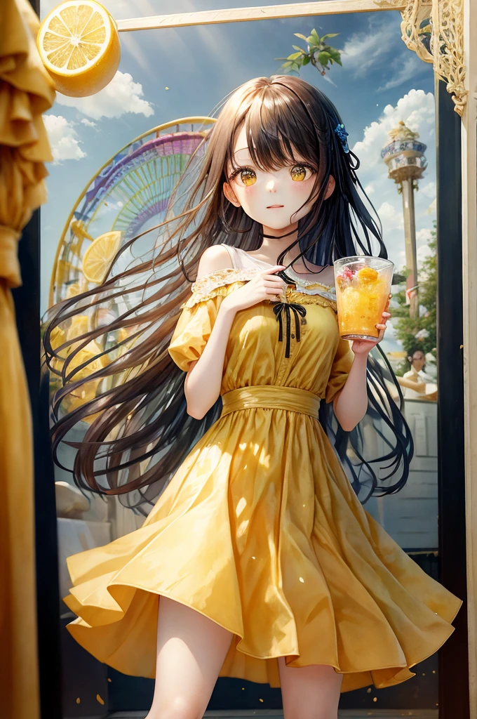(Highest quality)(Masterpiece)、amusement park、Long Hair Girl、Soft yellow dress、Lemon tea、rainbow