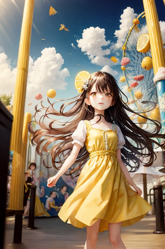 (Highest quality)(Masterpiece)、amusement park、Long Hair Girl、Soft yellow dress、Lemon tea、rainbow