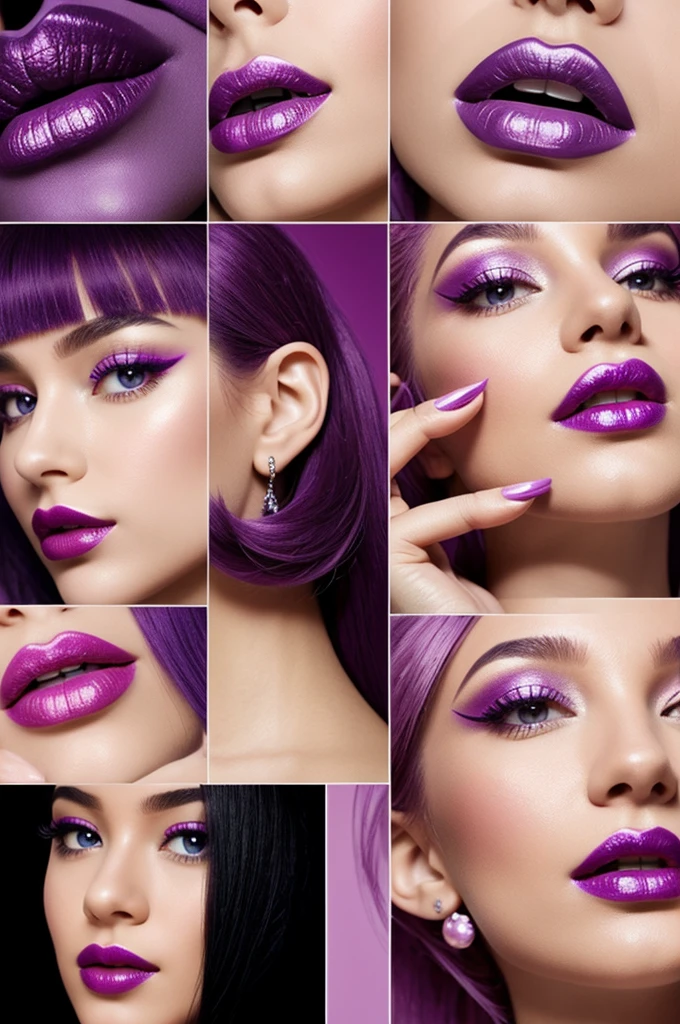 Collage of images of pastel purple aesthetic and cosmetology lipsticks 
