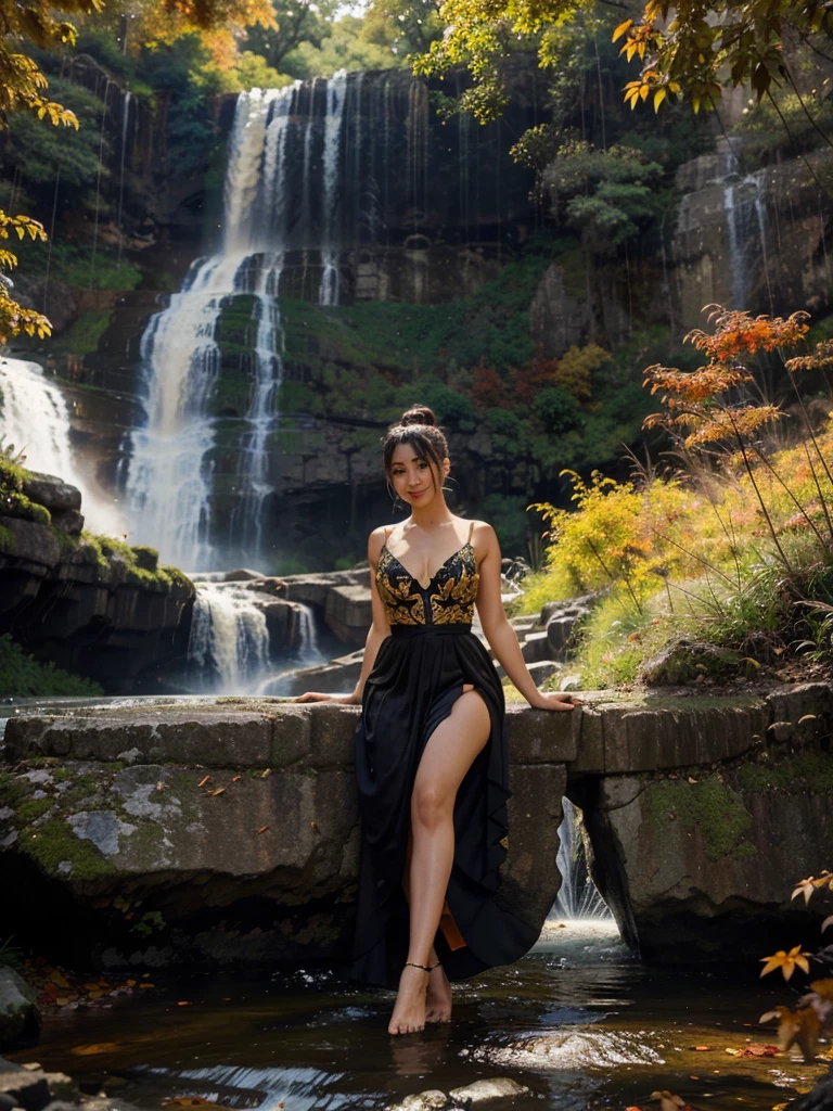A Asian woman sitting on a wooden swing amidst a stunning waterfall view. The woman wore a luxurious black and gold evening gown with a heart-shaped bodice and a high-slit skirt. Her hair was tied in a neat bun with a few strands falling gently. She smiled gently and raised her hand elegantly, surrounded by fluttering orange and blue butterflies. The backdrop features a double waterfall cascading into a clear pool, with red and orange autumn leaves in the distance. The painting style should be realistic fantasy with soft and dramatic lighting.