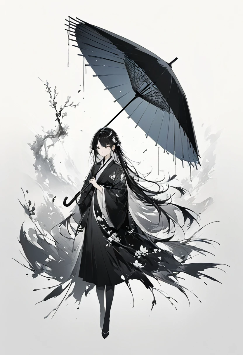 艺术Ink Painting，立体Ink Painting，Minimalism，Minimalism的图形，Minimal Art，Chinese anime girl，whole body，Chinese，，Ink Painting，Umbrella，Falling Flowers，Black long hair，Black and white background，古韵White space，White space，大面积White space，Textured Matte，Low saturation，Minimalism构图，Main Composition