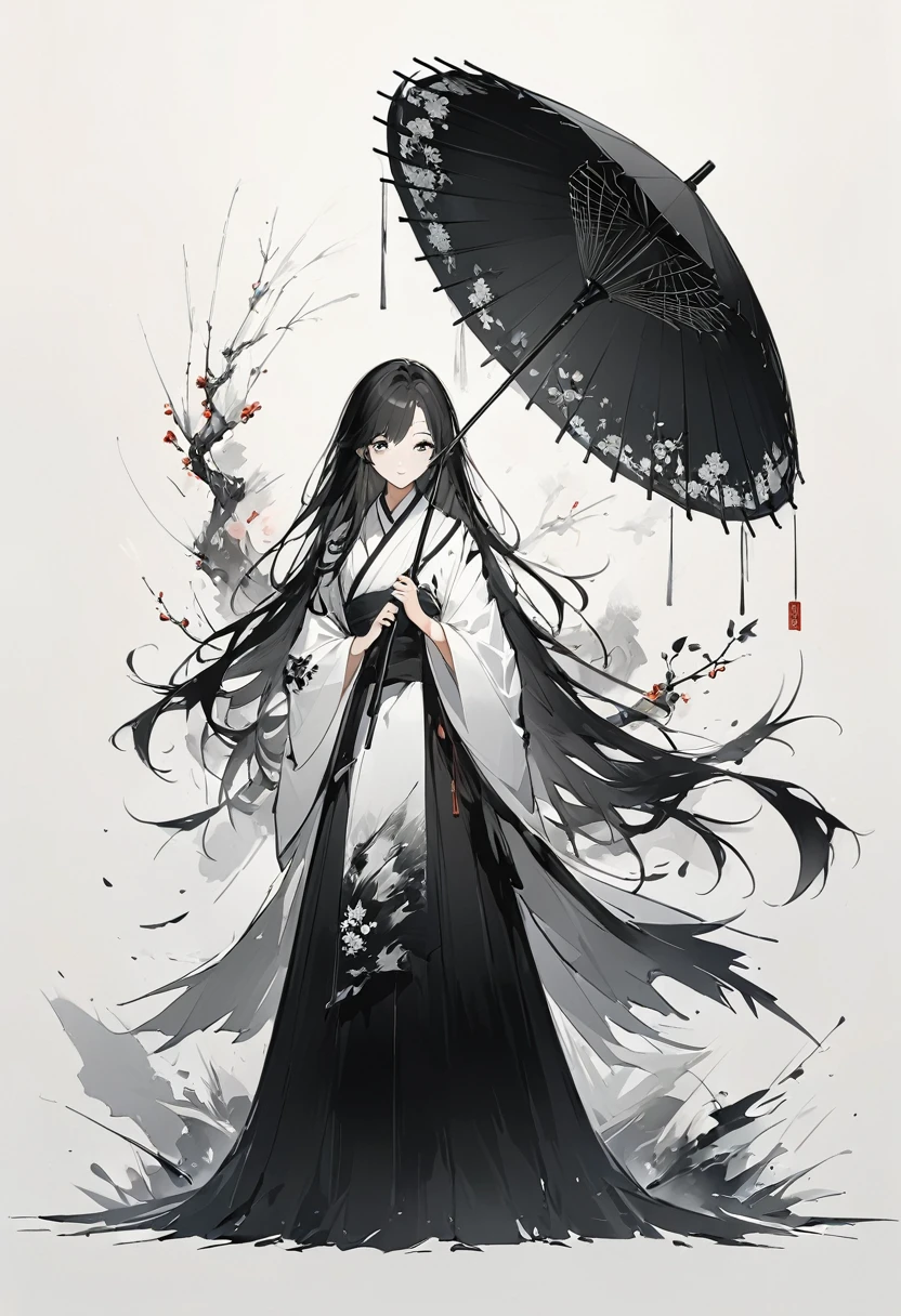 艺术Ink Painting，立体Ink Painting，Minimalism，Minimalism的图形，Minimal Art，Chinese anime girl，whole body，Chinese，，Ink Painting，Umbrella，Falling Flowers，Black long hair，Black and white background，古韵White space，White space，大面积White space，Textured Matte，Low saturation，Minimalism构图，Main Composition