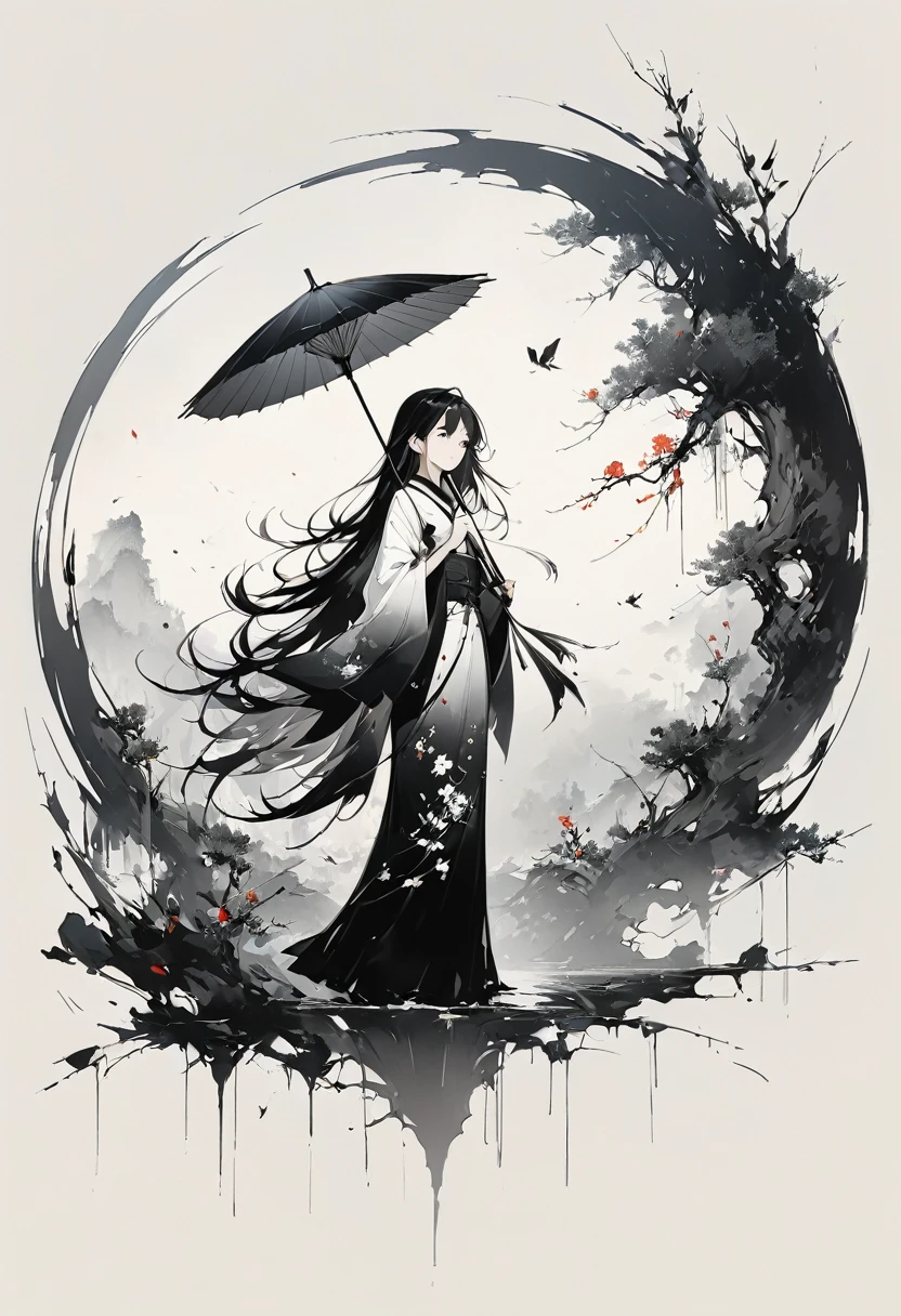 艺术Ink Painting，立体Ink Painting，Minimalism，Minimalism的图形，Minimal Art，Chinese anime girl，whole body，Chinese，，Ink Painting，Umbrella，Falling Flowers，Black long hair，Black and white background，古韵White space，White space，大面积White space，Textured Matte，Low saturation，Minimalism构图，Main Composition