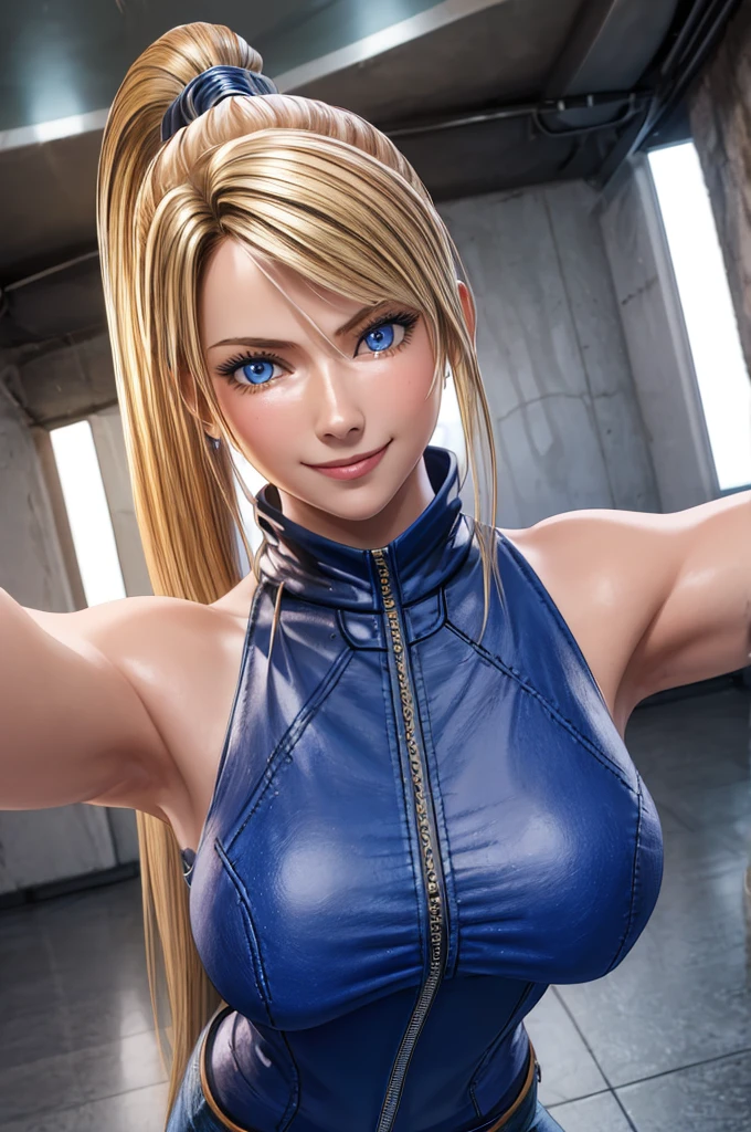 Sarah, (cowgirl:1.3), (zipper:1.5), American girl, blue eyes, angle view(0.6),, (full bodysuit:1.1), (mesmerizing:1.5), ((high ponytail:1.3)), (medium chest:1.4), (big arms:1.25), (free flowing hair:1.1), cowboy shot, blonde hair, long hair, (long sideburns:0.7), Shoulders exposed, (arms exposed:1.0), (very detailed skin:1.5), belt ,sleeveless, (closed zipper), earrings, fingerless short gloves, BREAK masterpiece, 1 girl, RAW photo, (best quality:1.2), extremely delicate beautiful, very detailed, 2k wallpaper, amazing, fine details, extremely detailed CG Unity 8k wallpaper, super detailed, high resolution, (beautiful detailed girl:1.4), perfect anatomy, wide cheeks, (shiny clothes:1.1), (smile:1.2), (upper body:1.3), (Realistic, Photorealistic:1.0), (thin nose:1.2), (breast focus:1.3), 20 year old, high nose bridge, (blue clothes:1.2), fighting pose, fighting arena, armpit against wall, wide face, (wide smile:1.3), closed mouth