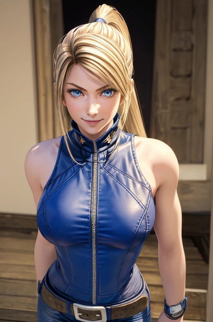 Sarah, (cowgirl:1.3), (zipper:1.5), American girl, blue eyes, angle view(0.6),, (full bodysuit:1.1), (mesmerizing:1.5), ((high ponytail:1.3)), (medium chest:1.4), (big arms:1.25), (free flowing hair:1.1), cowboy shot, blonde hair, long hair, (long sideburns:0.7), Shoulders exposed, (arms exposed:1.0), (very detailed skin:1.5), belt ,sleeveless, (closed zipper), earrings, fingerless short gloves, BREAK masterpiece, 1 girl, RAW photo, (best quality:1.2), extremely delicate beautiful, very detailed, 2k wallpaper, amazing, fine details, extremely detailed CG Unity 8k wallpaper, super detailed, high resolution, (beautiful detailed girl:1.4), perfect anatomy, wide cheeks, (shiny clothes:1.1), (smile:1.2), (upper body:1.3), (Realistic, Photorealistic:1.0), (thin nose:1.2), (breast focus:1.3), 20 year old, high nose bridge, (blue clothes:1.2), fighting pose, fighting arena, armpit against wall, wide face, (wide smile:1.3), closed mouth