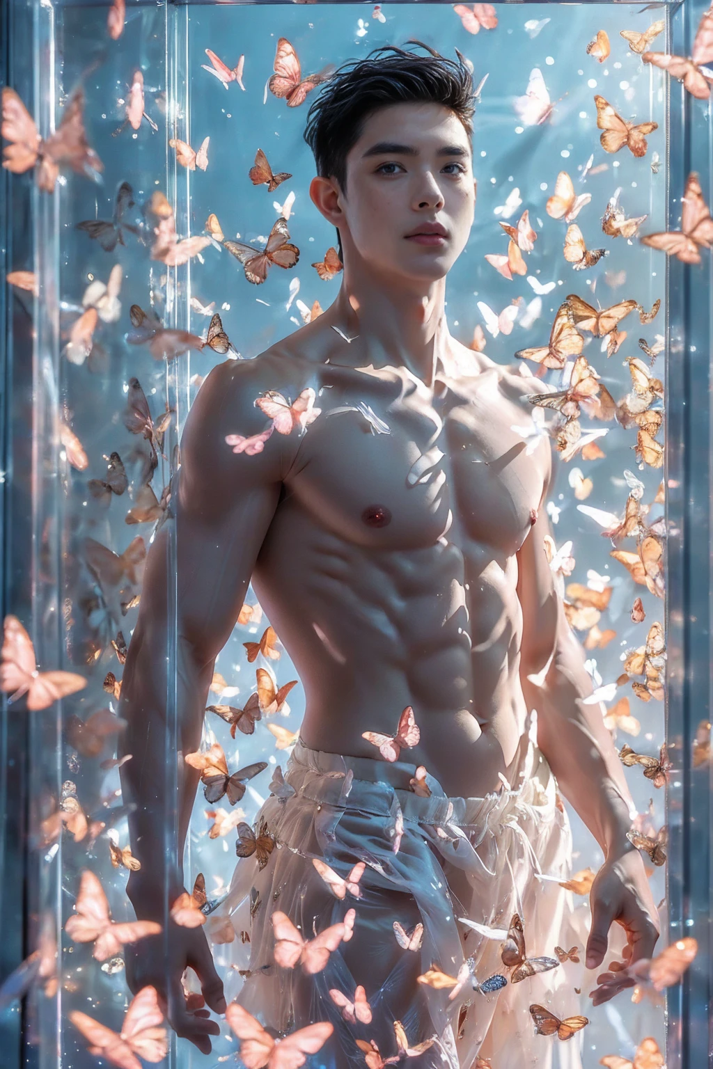 (8K, RAW photo, Highest quality) masterpiece, ung boy, 18 years old, Asian muscular man Look at viewer, standing forward, showing his huge muscular breasts, puffy nipples, sexy six packs, narrow waist, Handsome, Topless, Thick body hair, wearing a tight white Calvin Klein men's underwear and curved legs. , butterflies on his body, butterflies flying through the air, gradient background, Sparkle & Sequin Backdrops , cinematic lighting, UHD,(Best quality, 8k, Masterpiece).,highest detail, superior quality, natural lighting, beautiful, sexy, correct anatomy, good composition,Realistic faces, realistic shapes, realistic skin tones,Natural eyes,realistic eyes,looking up at viewer,Realistic convex crotch,realistic muscles,Realistic wrinkles on the skin,Realistic arms and legs,Realistic face,realistic hair,Make a sexy and seductive face, boy focus,amazing composition, front view, HDR, volumetric lighting, ultra quality, elegant,Realistic pose,detailed hair,full body,Fujifilm XT3 photorealistic art by midjourney
