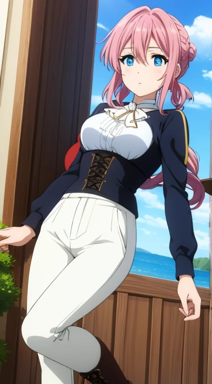 Tied pink hair, blue eyes, white pants, black corset, white long-sleeved blouse, sword at side, brown boots