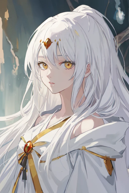 masterpiece, anime style, best quality, portrait, 1girl, white hair, amber eyes, long hair, hairpin, white robes