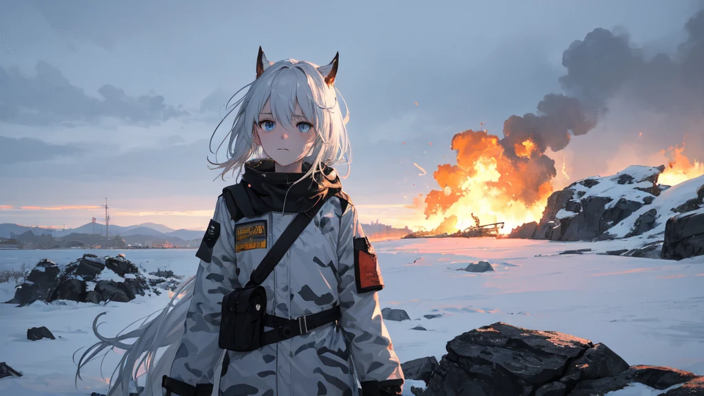 masterpiece:1.2), best quality , 独奏 ,pixiv, anime girl ，long straight white hair , black eyes ,Wearing off-white camouflage uniform ,ten years old，modern battlefield，(Eyes looking into the distance:1.3)，(look away:1.5)，snowy weather，dirty face，The background is a sea of fire with blood on the forehead，dirty face，Backlight，Bare rocky peaks ,Fierce flames are burning，The expression is sad，bullets flying，leave tears