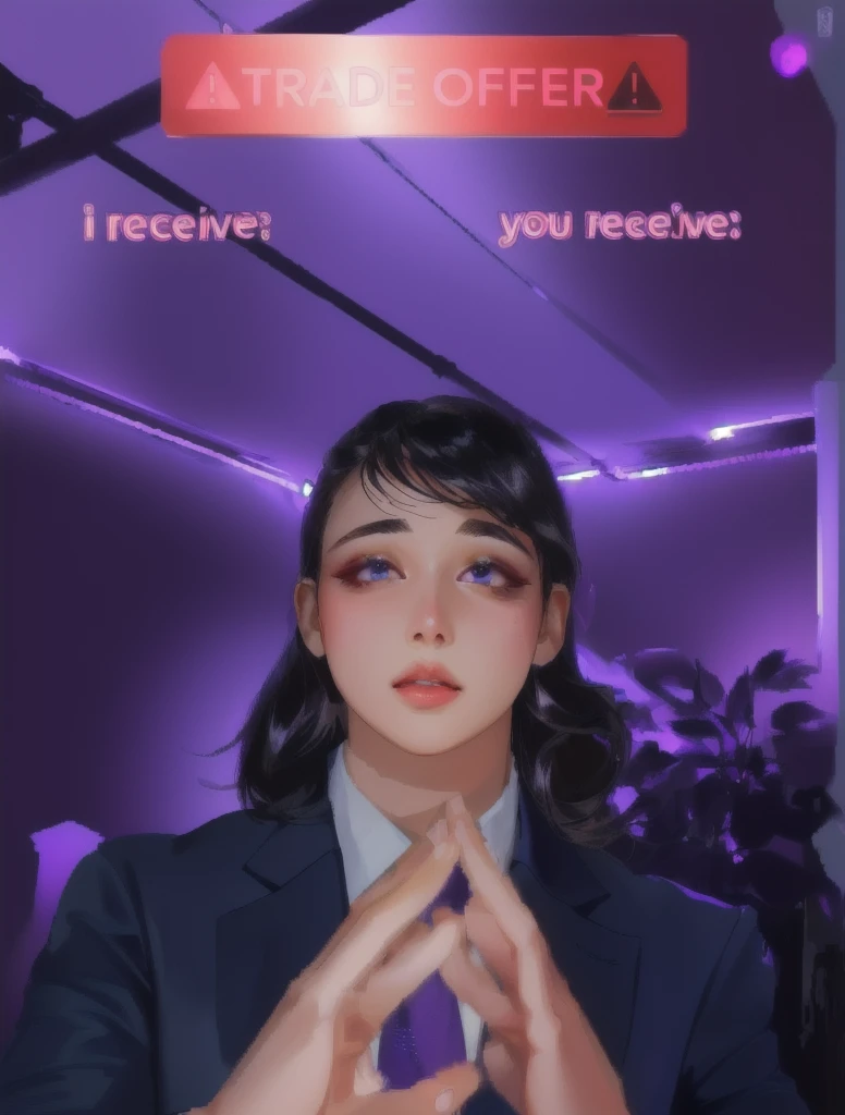 there is a woman in a suit and tie making a face, blacklight reacting, twitch streamer, very very low quality picture, his palms are sweaty, looking into camera, plump lips