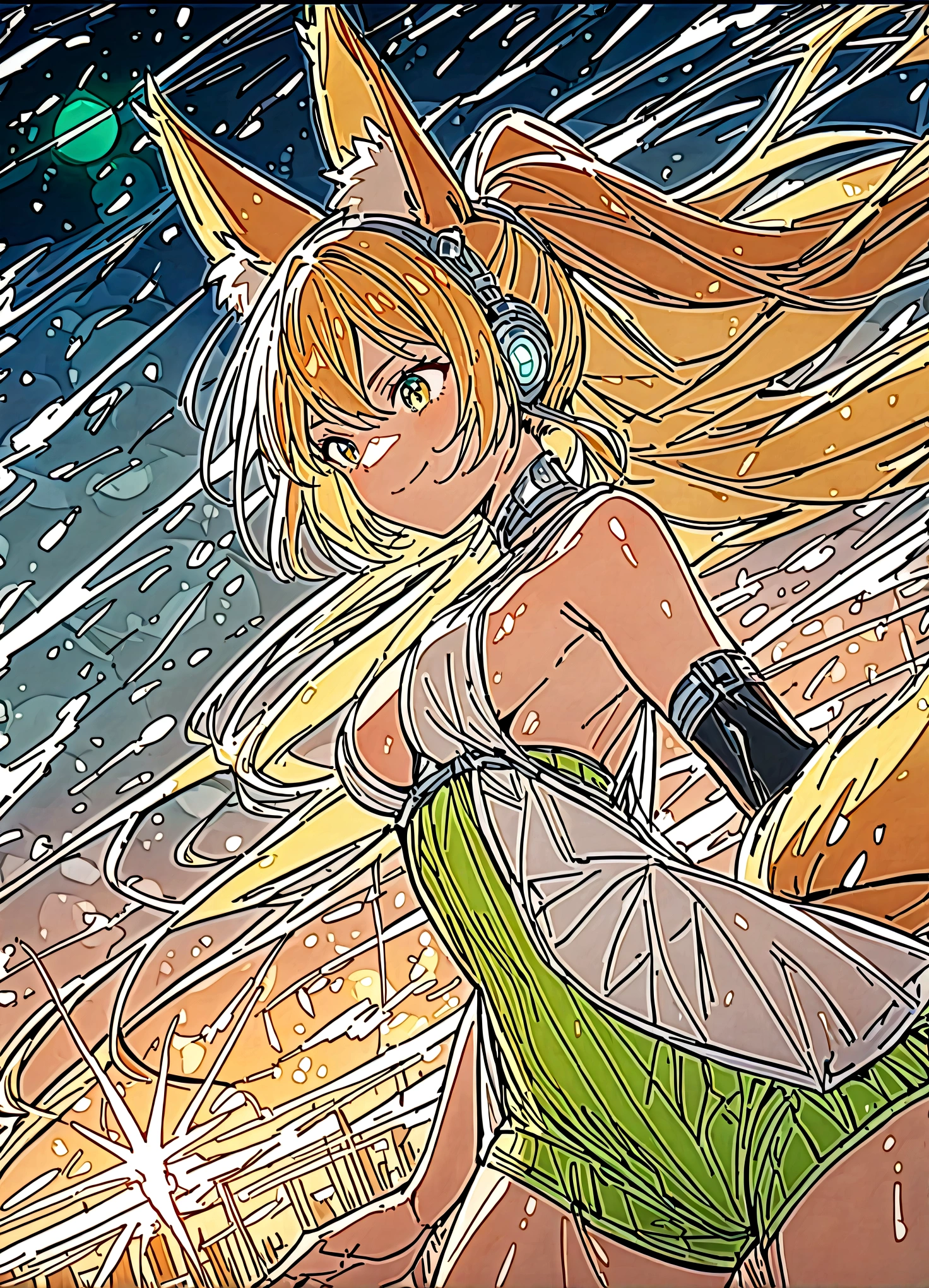 nsfw,(space action style), (Muted Tone), Delicate, Detail, Masterpiece,(colorful)illustration,(colorful)light particles, lens flare,
women with fox-ears and fox-tail,smile,
a battle for space and existence, battle,city,wood,rabbit,
sideboob,shoulders,cleavage,sideless,thighs,
Cowboy shot, close-up,from above,
dynamic angle, dynamic pose,
Artistic, memorable masterpieces, moments in history,(fantastical and mesmerizing scenery)
Watercolor:1.6, Delicate, Detail,
(masterpiece:1.2),(best quality:1.2),newest,intricate details,
fox ears, ear hair
