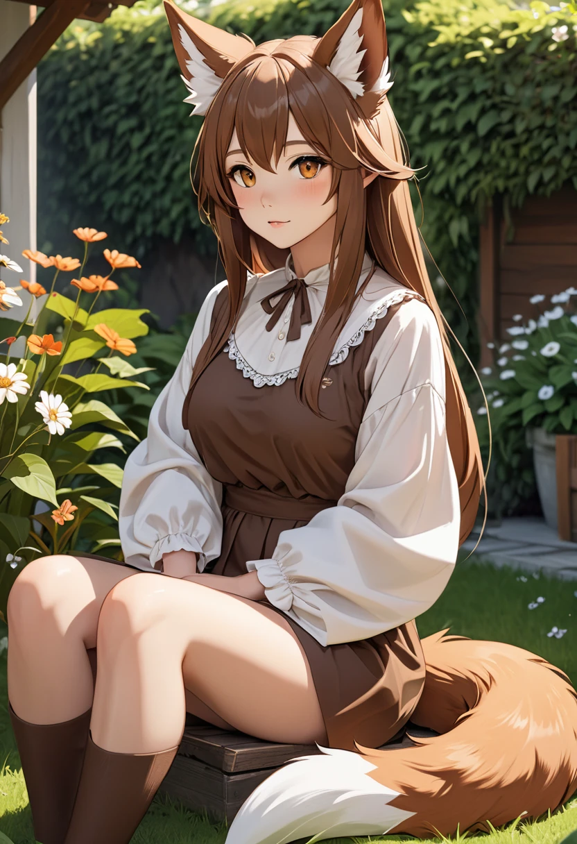 fox, (Monster Girl), long brown ears,Dark brown inside, Brown fur, Tepia neck villi, Brown fluffy tail,The tip is brown, Big brown eyes, dressed sober clothes, Sitting in the garden, masterpiece, best quality
