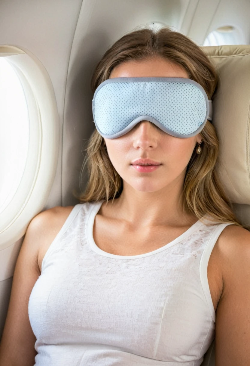 travel pillow, sleeping mask, jeune femme dans avion, very detailed