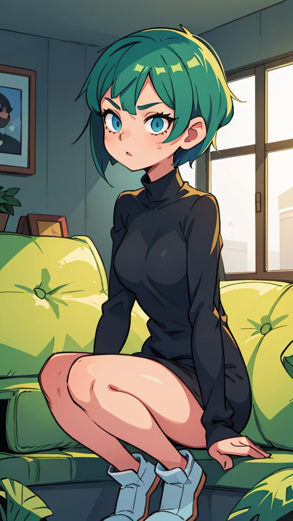 Girl with short green hair. With blue eyes in black clothes