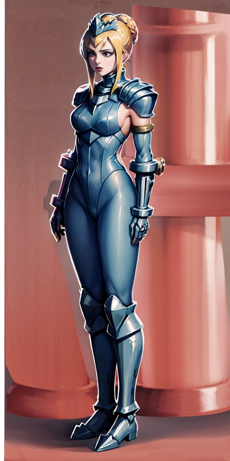 Full body Bozes 1chicasolo, long_Hair, rubio_Hair, Brown_eyes, jewelry, superior_body, lipstick, pindiintes, layer, armor, Drill_Hair, tiara, corona, shoulder_armor, red gauntlets, shoulder pads, breastpline, Style_parody, female knight, golden curls, cheered up_Colorant, looking_in_viewer