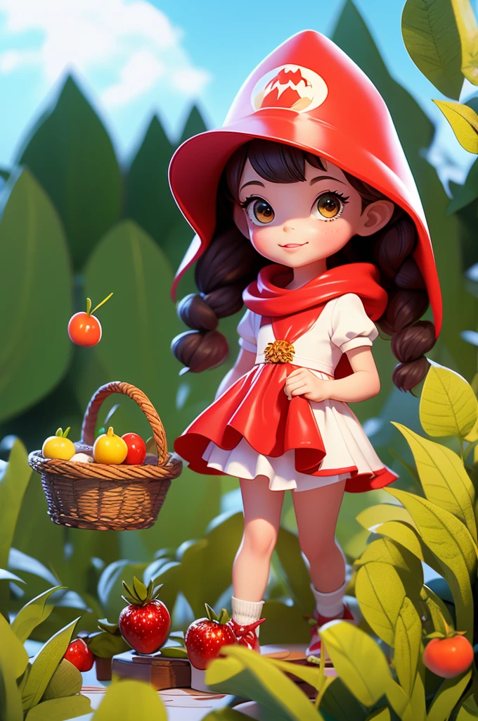 8 year old girl, wearing a red cape hood and white dress, carrying a basket with fruit.