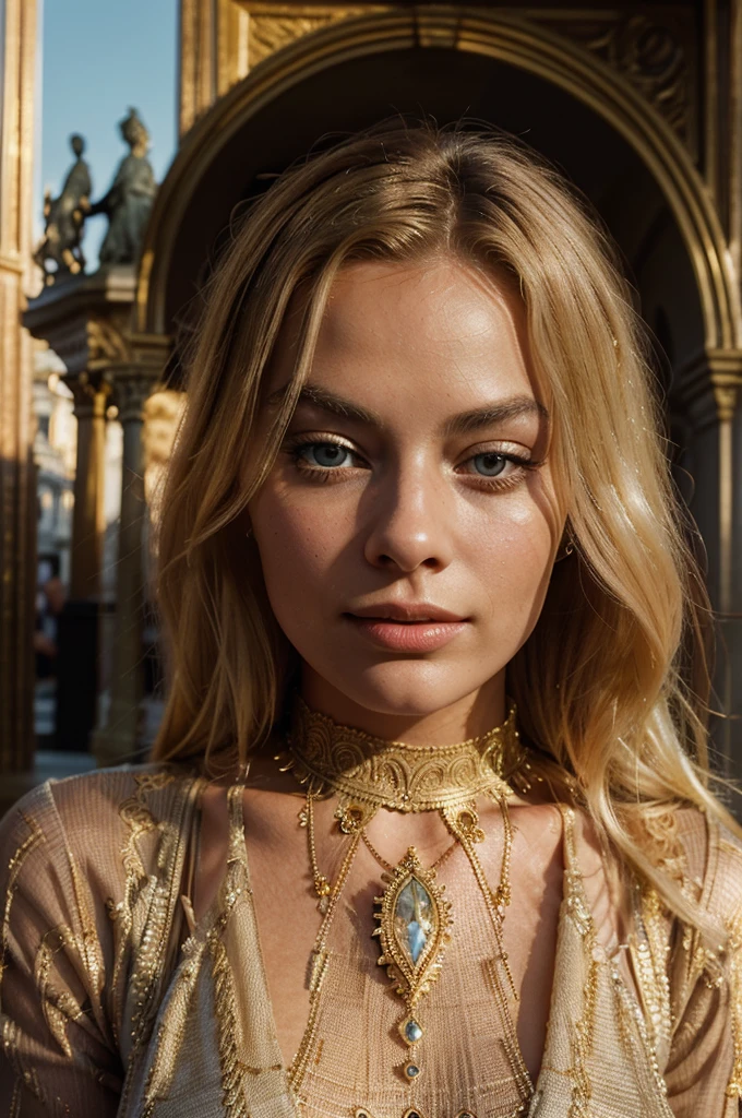 a beautiful young blonde woman with european features resembling margot robbie, wearing casual woman's outfit, visiting a monument, intricate details, high resolution, photorealistic, cinematic lighting, warm color tones, golden hour, flawless skin, detailed eyes and lips, elegant pose, serene expression, detailed background, stunning architecture, atmospheric mood, masterpiece