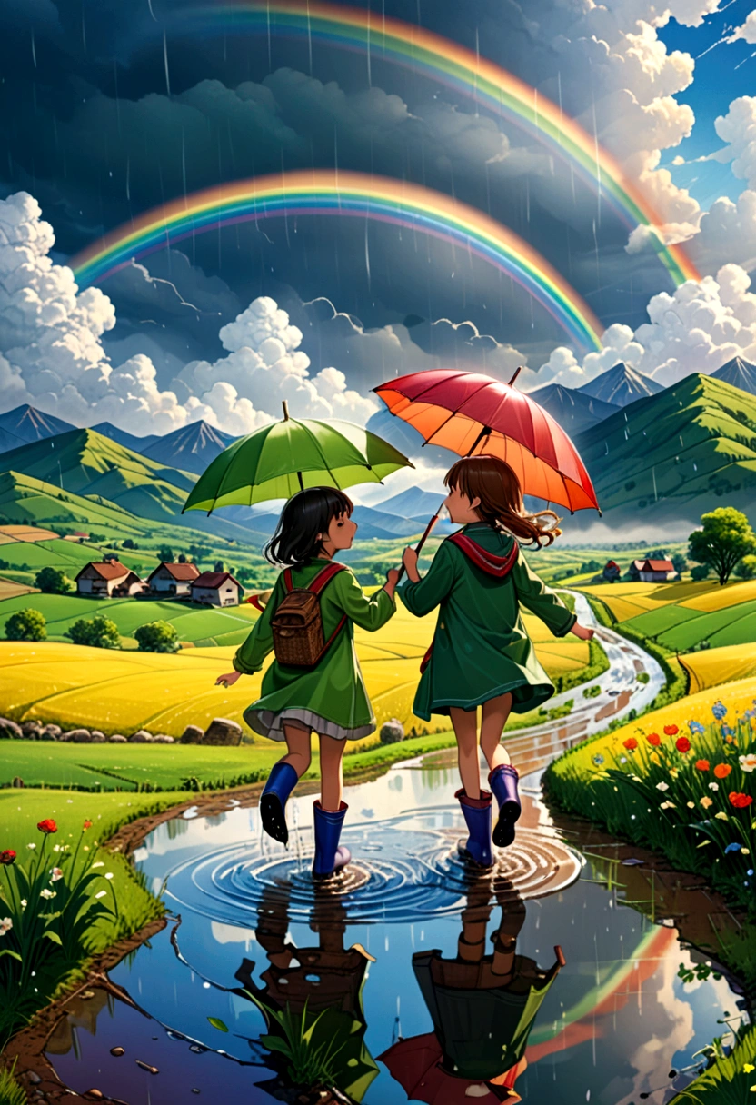 (Umbrella, rain), The picture mainly depicts two children strolling on a rural road in a spring afternoon, each holding a colorful umbrella as their playing tool. They are wearing rain boots and jumping in the puddle, emitting cheerful laughter. The background is green fields and distant mountains, and a faint rainbow hangs in the sky, forming a lively picture. The background of the picture is fields and mountains, and the camera is the middle shot, displaying the overall picture, (panoramic view), Photography, award-winning, cinematic still, emotional, vignette, dynamic, vivid, (masterpiece, best quality, Professional, perfect composition, very aesthetic, absurdres, ultra-detailed, intricate details:1.3)