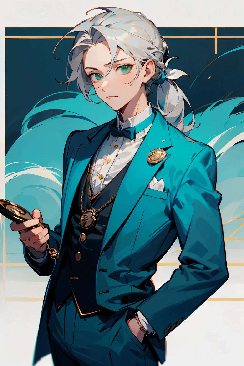 A young boy with Fair skin, green eyes, long hair, hair tied up, Grey hair, wearing Turquoise Suit, holding a pocket watch