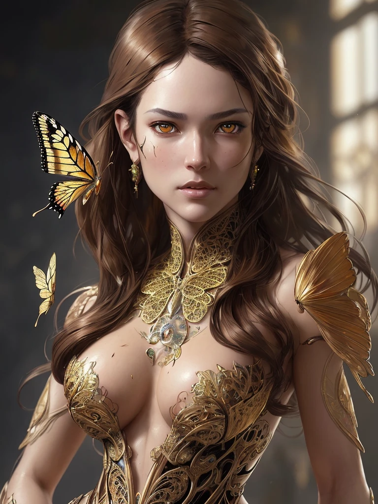 8k portrait of beautiful cyborg with brown hair, intricate, elegant, highly detailed, majestic, digital photography, art by artgerm and ruan jia and greg rutkowski surreal painting gold butterfly filigree, broken glass, (masterpiece, sidelighting, finely detailed beautiful eyes: 1.2), hdr, 