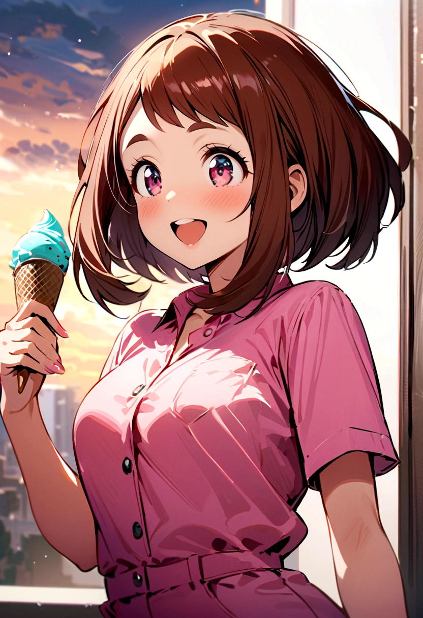 masterpiece,best quality, 1 Girl,Solitary,Uraraka,Work clothes,jumpsuit,Flower-shaped pupil,Change,Pink shirt,Holding ice cream,(Ponytail:0.6),Smile,open mouth,cloudy,