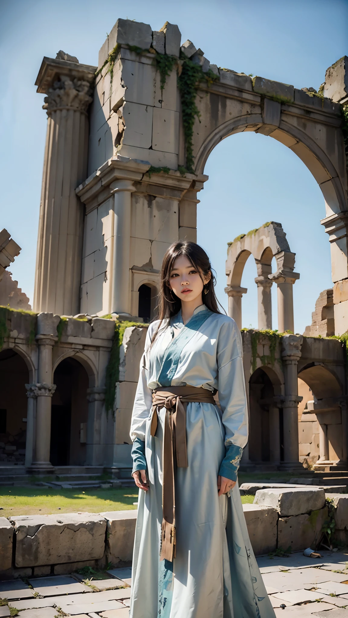 ((masterpiece:1.4)、(Highest quality:1.4)、(Realistic:1.7))、Masterpiece:1.4、(Top-notch rendering:1.4)、(Fantastic ancient city ruins 1:1.4)、Ruined Old Castle、Megastructures:1.4、Great landscaping、Ancient City Fantasy、Mysterious World、Desolate landscape、Vast ancient dungeon、Photorealistic images、Sharp focus:1.5、Vision:1.4、都市を彷徨する美しい女性戦闘員をVisionの一部として小さく配置して表現する:1.4、Although it is a small expression, it is clear that she is a beautiful girl with a good figure.:1.4、Supermodel、Nikon SLR D6、Natural light、Lighting technology that creates beautiful expressions、Ideal lighting、(フォトRealistic:1.4)、Raw photo、Beautiful female fighter standing in the ruins of an ancient city:1.4