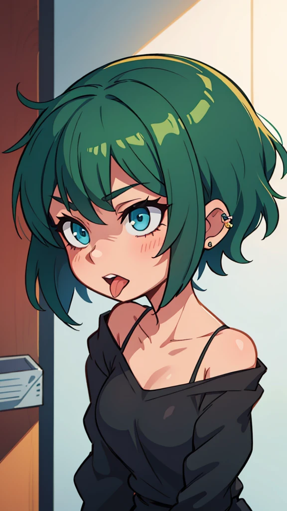 Girl with short green hair. With blue eyes in black clothes, tongue piercing