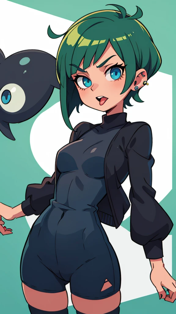 Girl with short green hair. With blue eyes in black clothes, tongue piercing