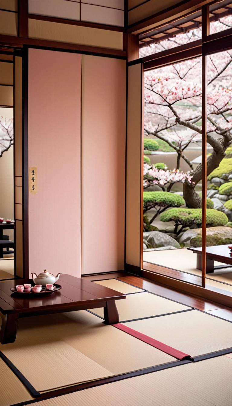 A traditional Japanese tatami room with sliding paper doors (shoji) and tatami mats covering the floor. The room is softly lit with natural light filtering through the shoji doors. Outside the shoji doors, there is a serene view of cherry blossoms (sakura) gently falling. The scene captures the delicate pink petals fluttering in the breeze. Inside the room, there is a low wooden table (chabudai) in the center, set with a tea set including a teapot, cups, and a small plate of sweets. In one corner of the room, there is a decorative hanging scroll (kakemono) with calligraphy. The atmosphere is calm and evokes a sense of traditional Japanese aesthetics.