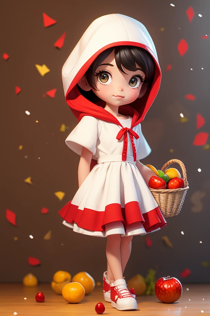 8 year old girl, wearing a red cape hood and white dress, carrying a basket with fruit.