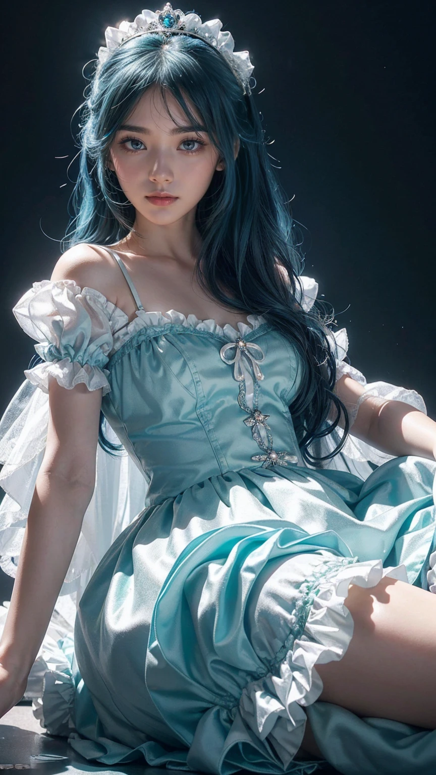 (illustration), (amazing work), (indirect linear lighting), ( cute studio), (GIF Cute Animation), (cute cute kawaii), (Highly detailed CG 8k unit wallpaper), (1 woman) Wearing a cute dress, Cute ruffle tiara and long blue hair, wearing silk gloves, White skin, green blue eyes, (cute kawaii), bare abdomen, full body shot