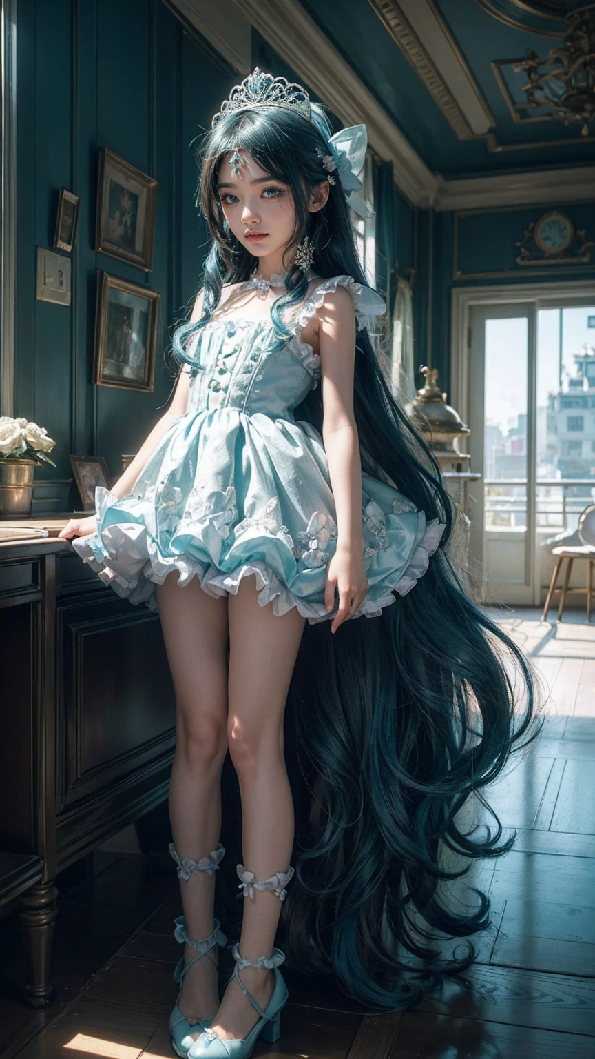 (illustration), (amazing work), (indirect linear lighting), ( cute studio), (GIF Cute Animation), (cute cute kawaii), (Highly detailed CG 8k unit wallpaper), (1 woman) Wearing a cute dress, Cute ruffle tiara and long blue hair, wearing silk gloves, White skin, green blue eyes, (cute kawaii), bare abdomen, full body shot