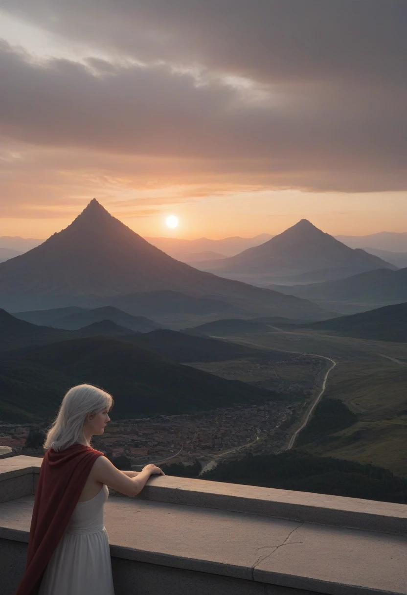 (masterpiece, 8K, UHD, best quality), majestic portrait of a man, (long silky silver hair), (piercing violet eyes), (intricate armor), flowing cape, (gold and ruby details), (standing on a balcony of a high tower), (landscape of a beautiful medieval city in the background), volcanic mountains, rivers of lava, (skies crossed by dragons in the distance), (light of the setting sun), imposing and mysterious atmosphere, realistic details, (elements of fire and magic), (heroic and noble perspective)
