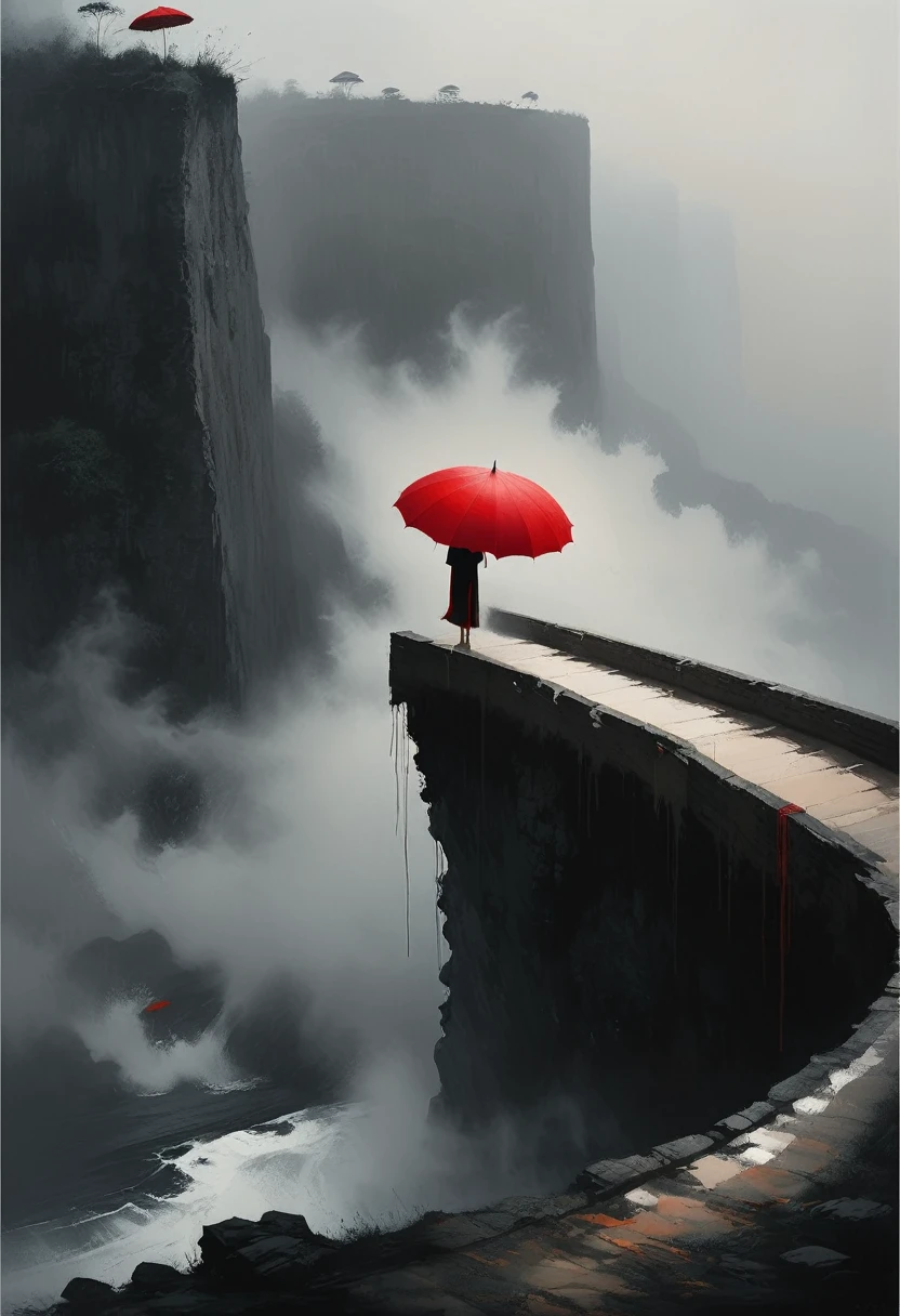a simple,minimalist illustration, 1 red umbrella ,tassels on the umbrella,solitary figure,on a cliff edge,bridge
