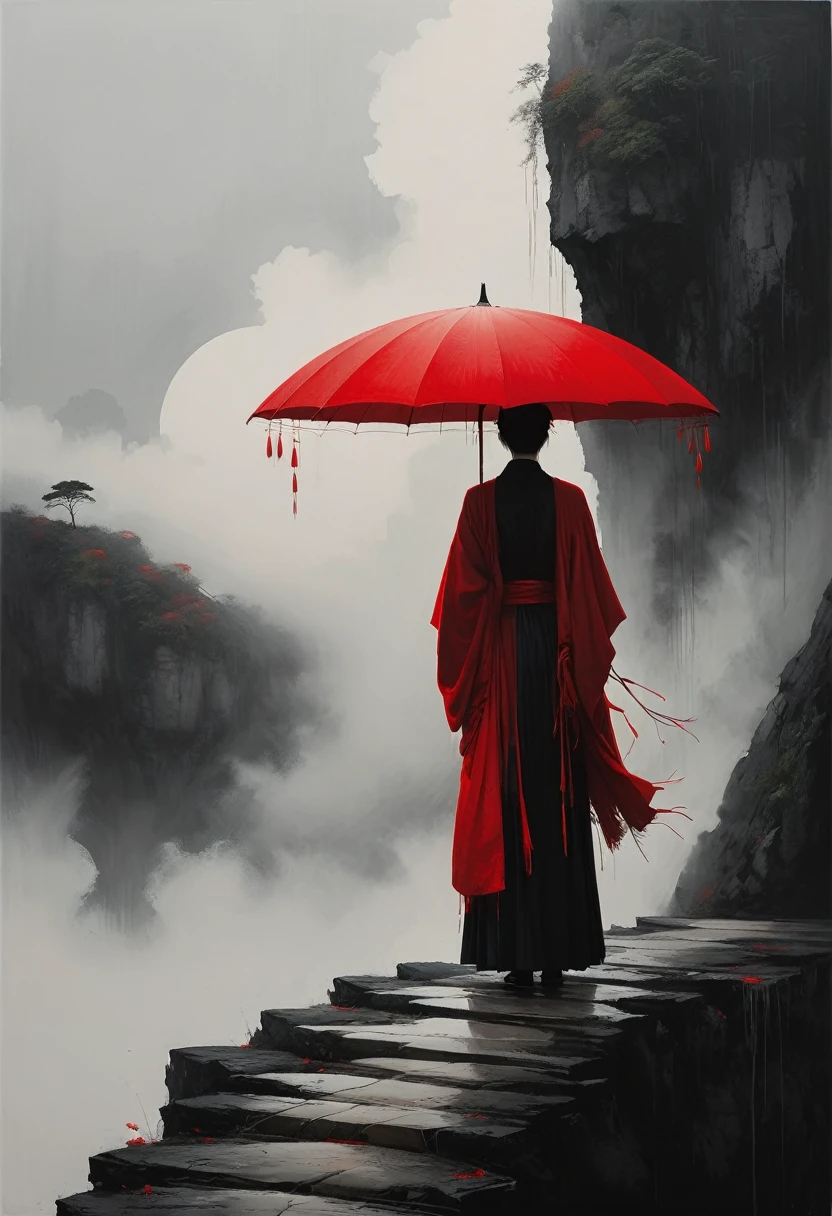 a simple,minimalist illustration, 1 red umbrella ,tassels on the umbrella,solitary figure,on a cliff edge,bridge