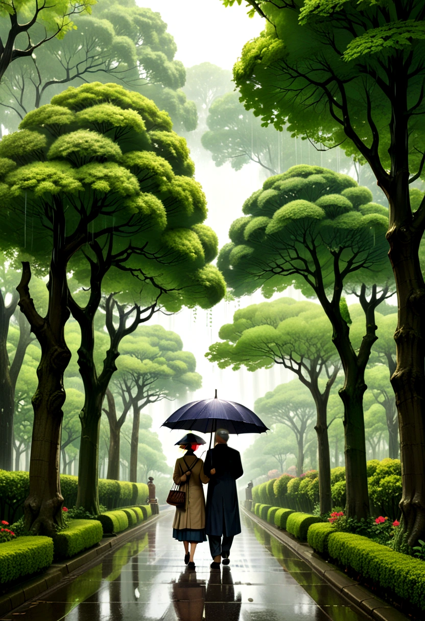 (Umbrella, rain), The scene mainly depicts an elderly couple strolling on a tree lined avenue, sharing an old flower umbrella. The pattern on the umbrella has worn out, and they are tightly dependent. Their faces are filled with happy smiles, as if telling the story of their countless days of sailing together. Surrounded by lush trees and occasional bird songs, the scene gives a sense of tranquility and peace. The background of the scene is a quiet tree lined avenue and the surrounding dense trees. The camera is in the middle shot, showcasing the overall picture, (panoramic view), Photography, award-winning, cinematic still, emotional, vignette, dynamic, vivid, (masterpiece, best quality, Professional, perfect composition, very aesthetic, absurdres, ultra-detailed, intricate details:1.3)