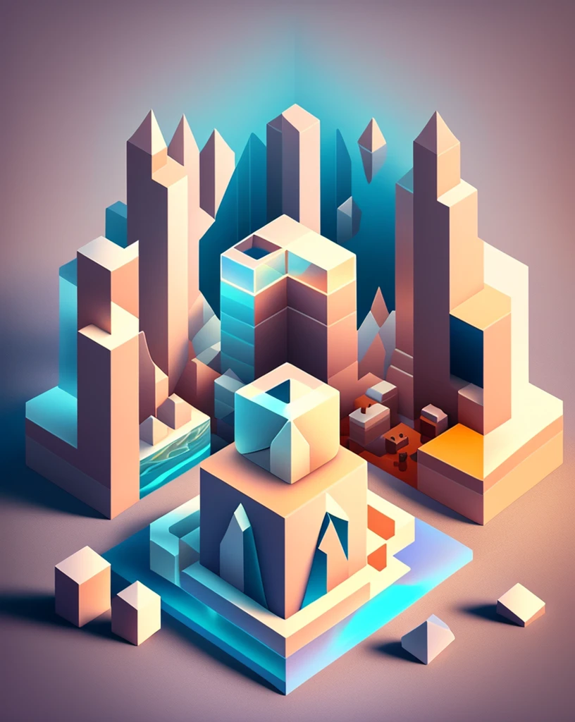 The creation of a master,cube,Jigsaw scene,Beautifully sophisticated,Sea view,iceberg,Creative scene design,trending on Art Station, Monument Valley, Level Design, Low Poly, Isometric Art, 3D Art, High Detail, Art Station, Concept Art, behance, Ray Tracing, Smooth, Clear focus, Ethereal Lights