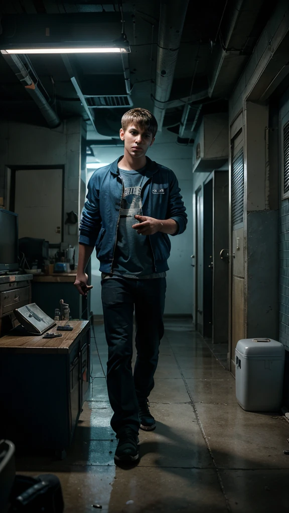 Alex, a young gamer, loved playing video games but often neglected his homework and chores, 4k realistic imagery, blue scenery like a movie scene, old american setting, inspired by blade runner movie scene, blue tone,