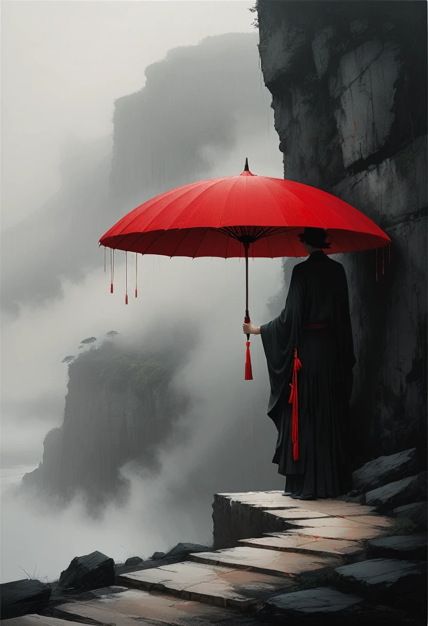 a simple,minimalist illustration, 1 red umbrella ,tassels on the umbrella,solitary figure,on a cliff edge,bridge